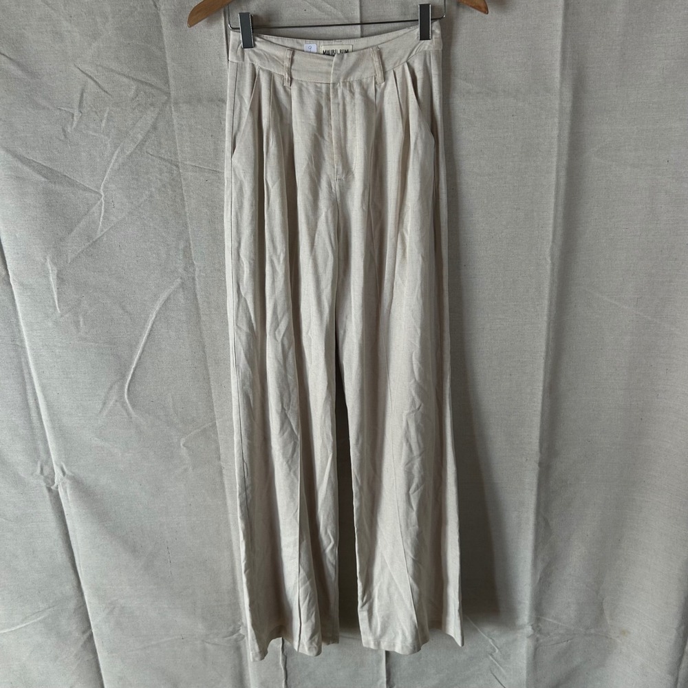Malibu‎ Bum Beige Linen Blend Wide Leg Pleated Trousers BHH3422 Small